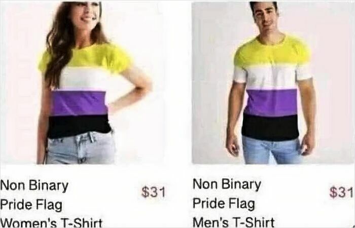 Two people wearing non binary pride flag T-shirts labeled as women's and men's, highlighting gendered nonsense examples.