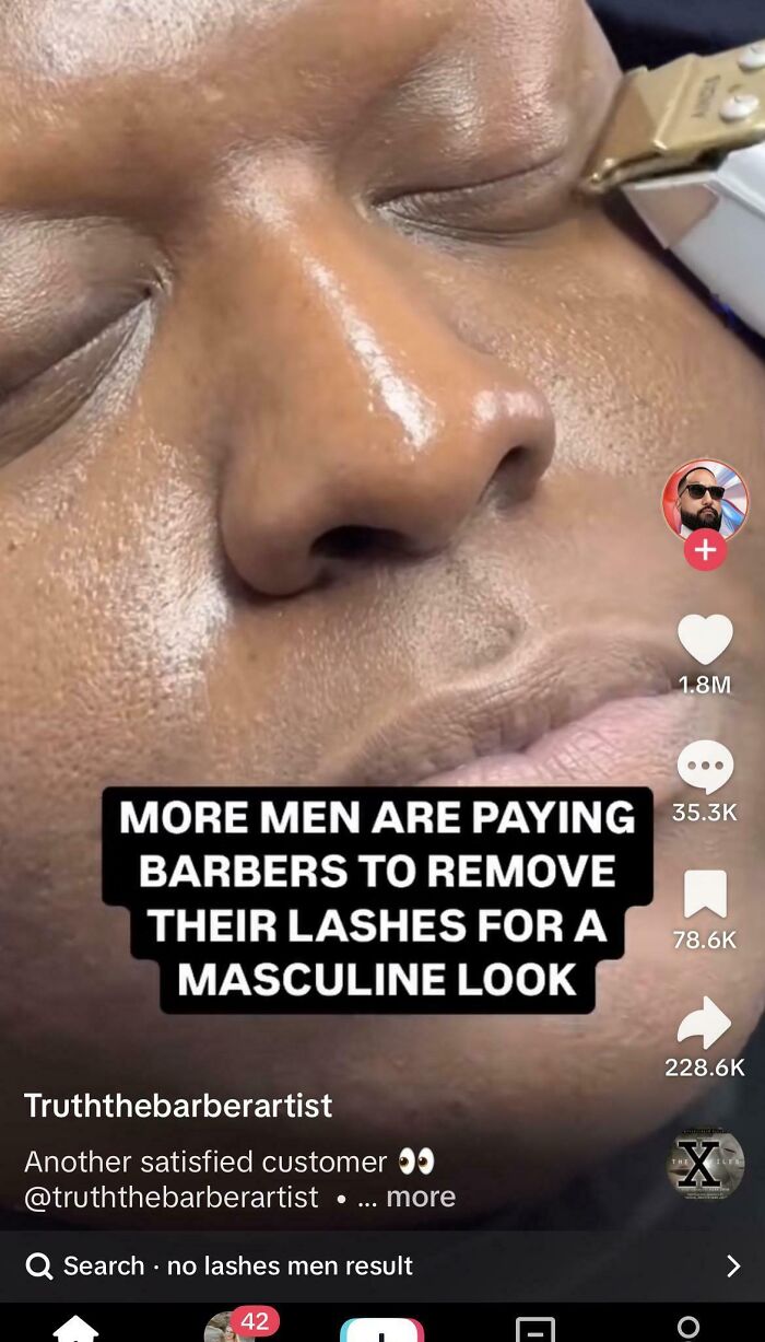 Close-up of a man getting lashes removed by a barber, highlighting gendered nonsense and masculine look trends.