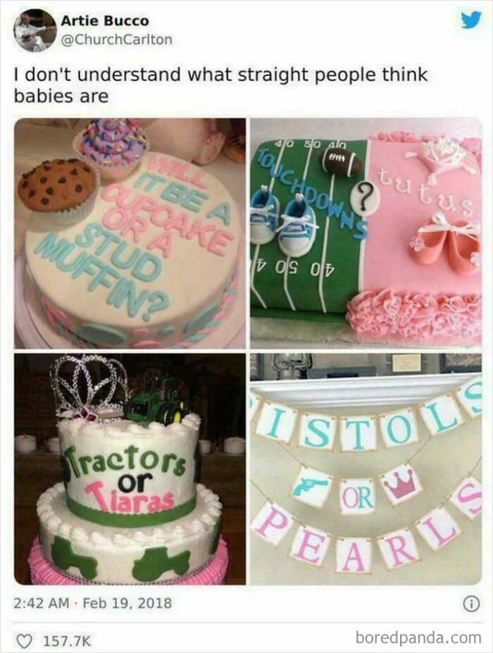 Four gender reveal cakes and banners showing gendered nonsense ideas with stereotypical boy or girl choices.