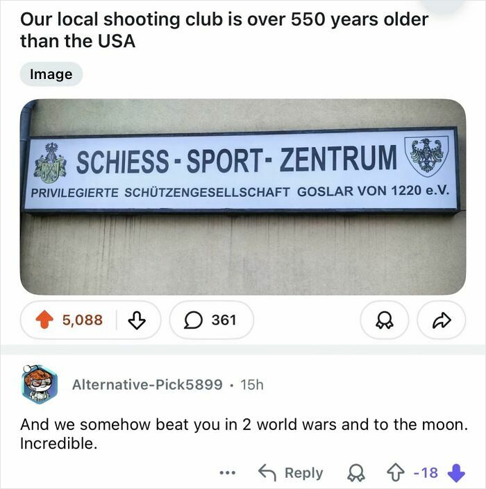 Sign for a shooting sport club claiming to be 550 years older than the USA, featured in dumb American internet comments.