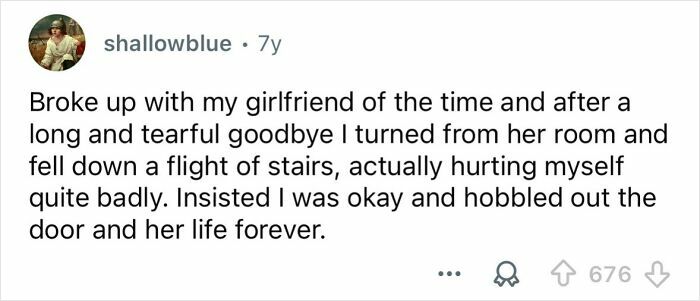User sharing an embarrassing situation involving a breakup and falling down stairs, showing moments that became funny later.