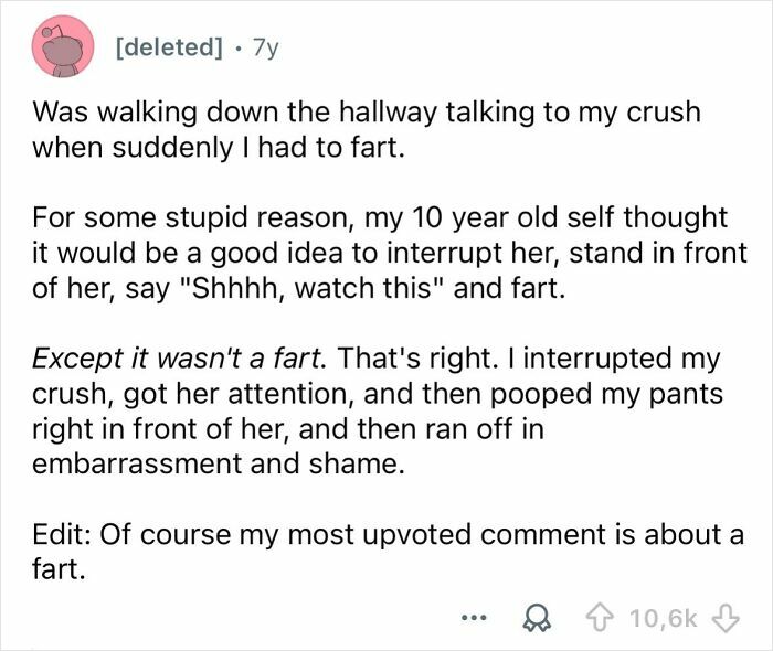 Reddit user shares embarrassing situation that only became funny way later after an unexpected and awkward moment with a crush.