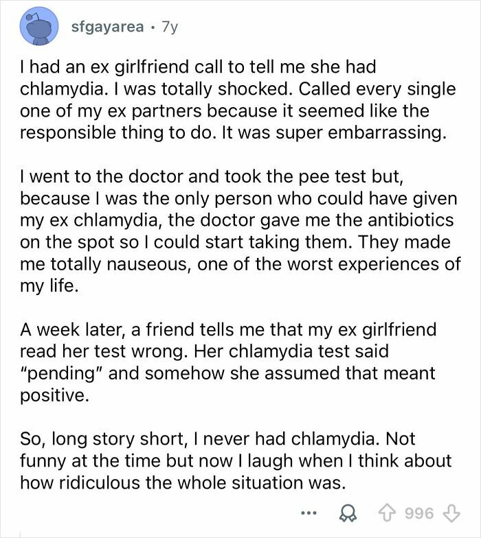 Text post about a misunderstood medical test leading to an embarrassing situation that became funny later.