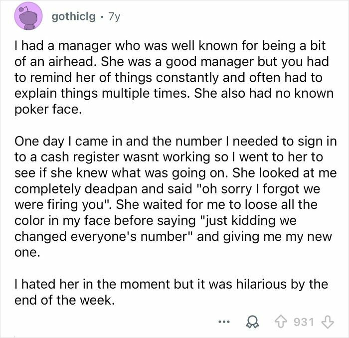 Text post about embarrassing situations becoming funny later, describing a prank by a forgetful manager at work.