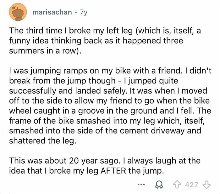 Reddit post describing an embarrassing biking accident that became funny later, illustrating embarrassing situations.