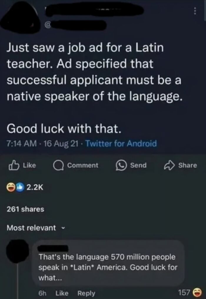 Screenshot of a dumb comment on Twitter about a Latin teacher job ad, showing Americans writing such dumb comments.