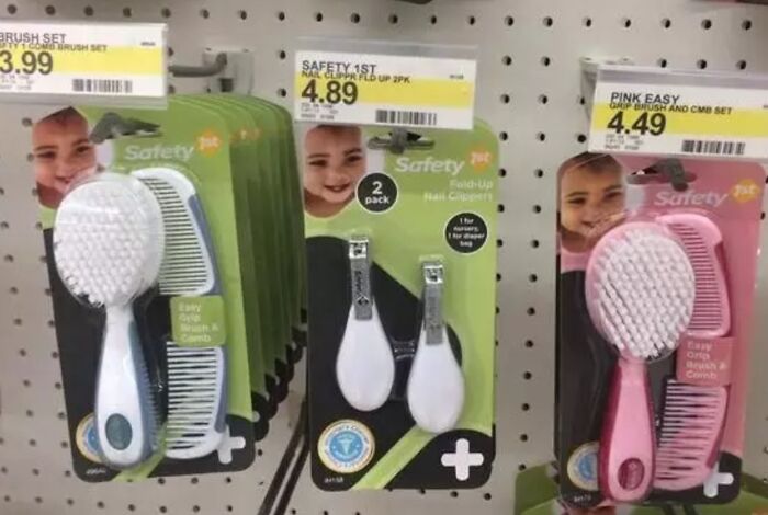 Hairbrush and nail clipper sets in green and pink packaging, highlighting gendered nonsense in product marketing.