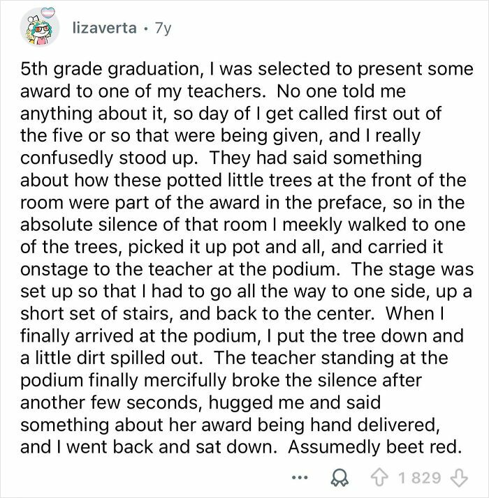 User story of an embarrassing situation that only became funny later, featuring a misunderstood award presentation involving potted trees.