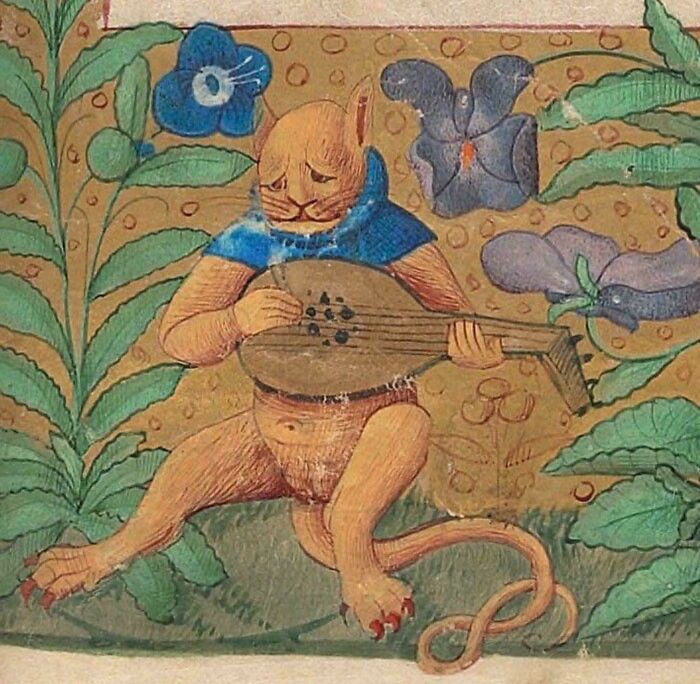Medieval-style painting of a cat playing a lute surrounded by flowers, illustrating hilariously bad old paintings.