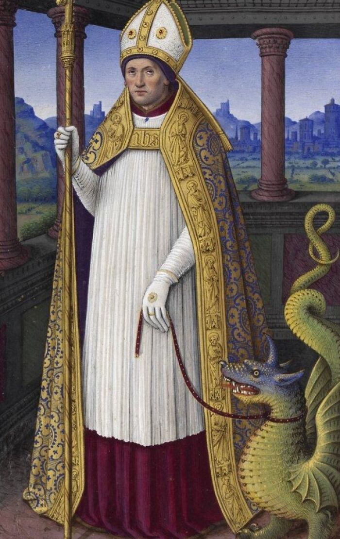 Portrait of a bishop in ornate robes holding a leash attached to a small dragon in old painting style.