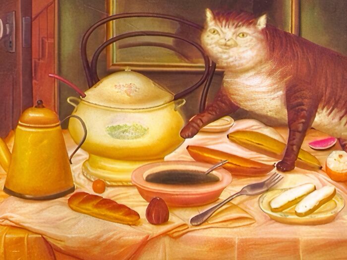 Old painting of a cat with human-like expression standing on a table with food and kitchenware, showcasing hilariously bad art.