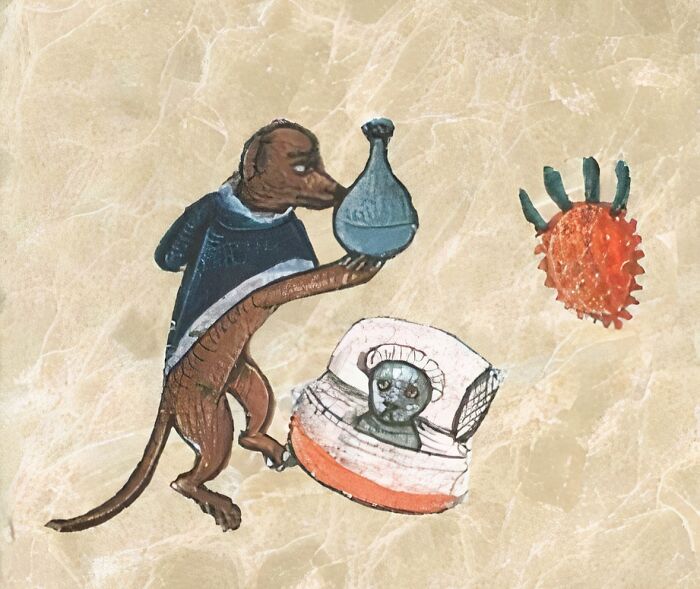 Medieval style old painting depicting a creature holding a flask and a strange baby in a basket with a crab nearby.