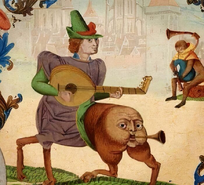 Medieval old painting of a musician with a lute riding a creature with a human face and trumpet-like nose.