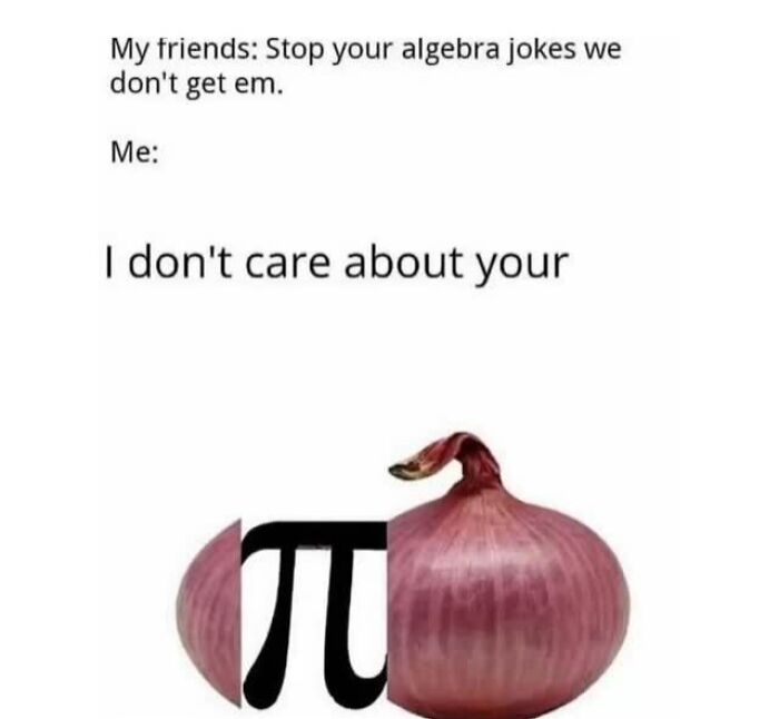 Algebra meme showing pi symbol combined with an onion, illustrating a joke explained by a meme account for those who don't get it.