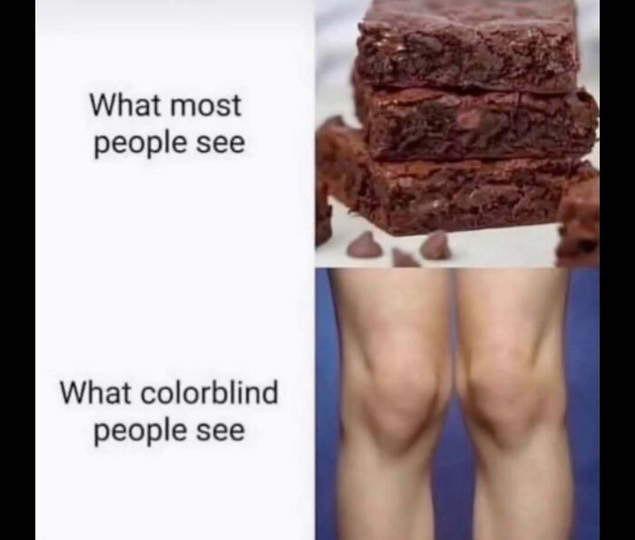 Comparison meme showing what most people see as brownies and what colorblind people see as knees, a meme explanation.