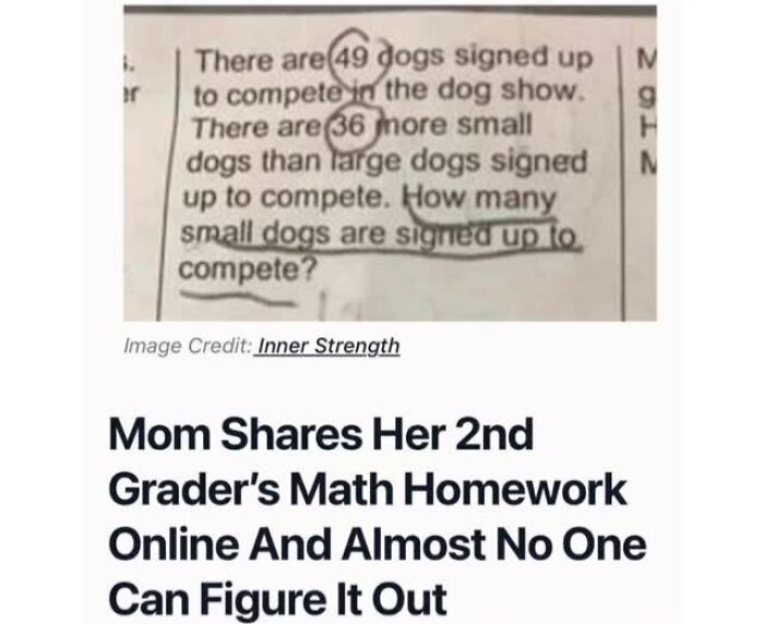 Math homework meme showing a confusing problem with small dogs, explained by a meme account for clearer understanding.