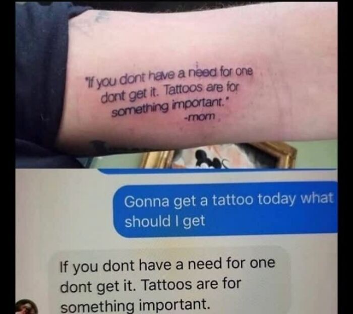 Tattoo meme showing a quote about tattoos being for something important, explained by a meme account.