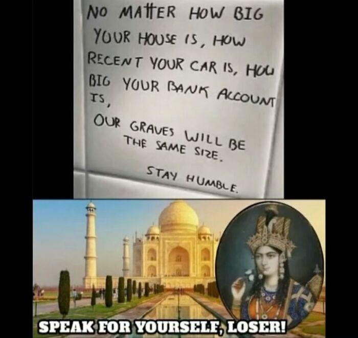 Handwritten note about humility above an image of the Taj Mahal with a sarcastic meme response explaining humor in memes.