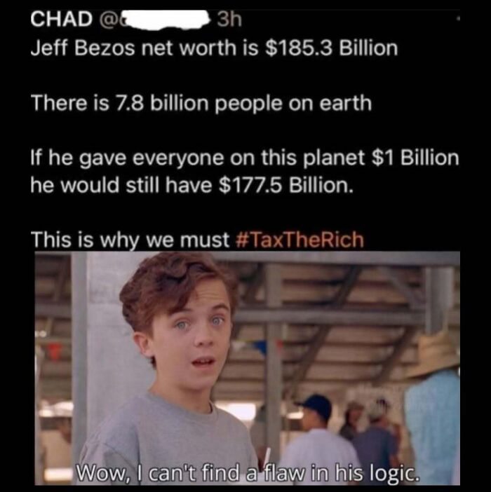 Meme account explaining a wealth meme about Jeff Bezos, taxes, and economic logic with a surprised young boy reaction.