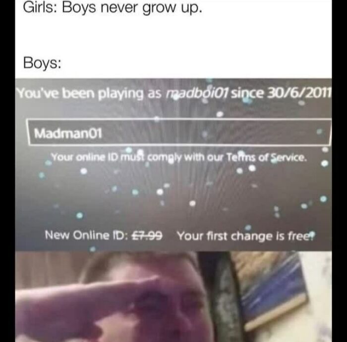 Meme explaining boys never growing up with gaming ID shown since 2011, for those who just don't get it.