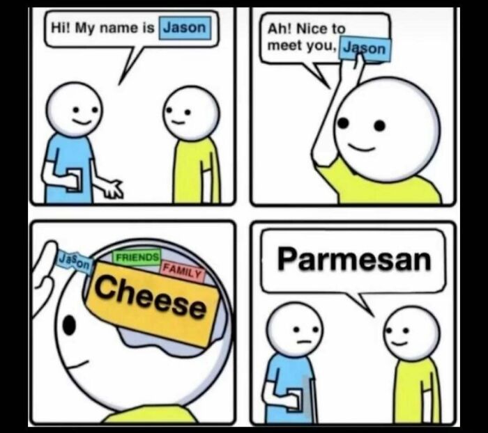Cartoon shows a meme explaining the joke about confusing the name Jason with parmesan cheese for those who don’t get it.