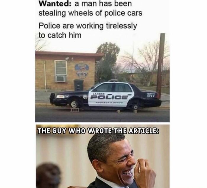Police car without wheels on blocks with caption about tire theft, paired with laughing man meme explaining viral meme humor.
