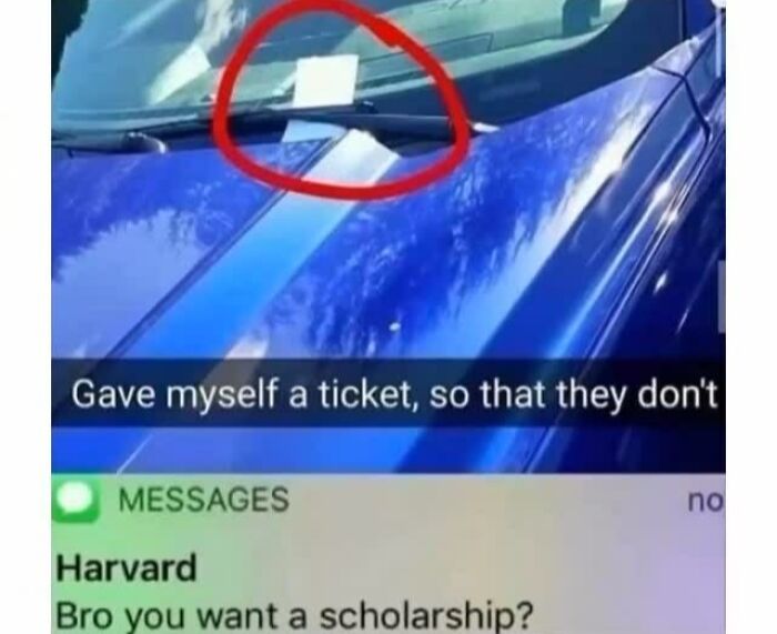 Blue car windshield with a self-given parking ticket circled in red, meme explaining humor for those who just don't get it.