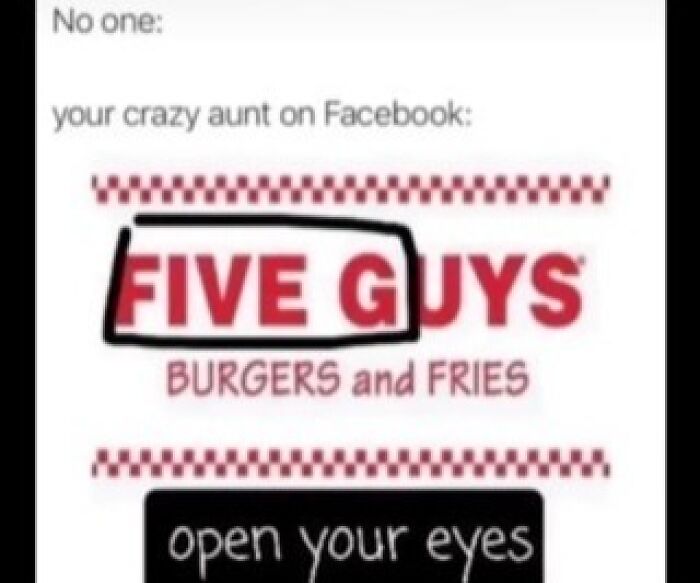 Meme explaining common confusion with Five Guys logo and funny social media uncle joke.