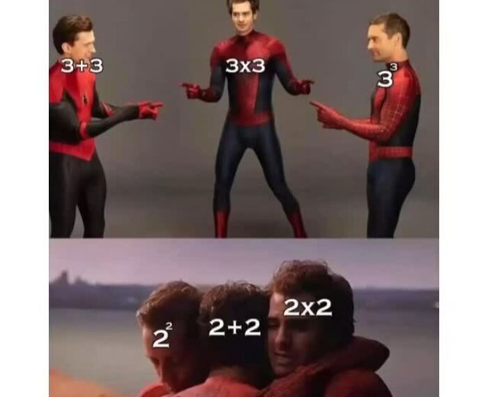 Three Spider-Man memes showing math expressions pointing at each other and hugging, illustrating meme explanations.
