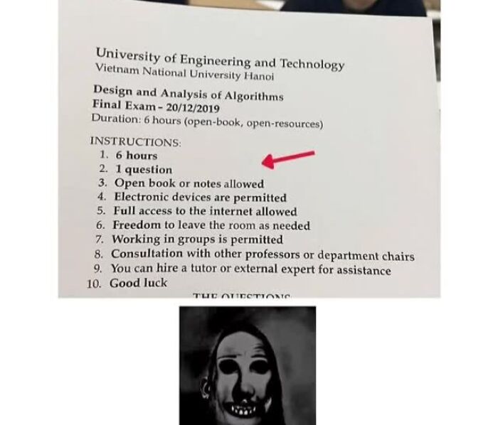 Exam instructions for a design and analysis of algorithms exam highlighting time and question count meme explained.