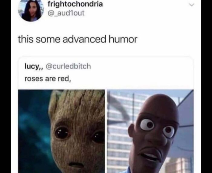 Advanced humor meme featuring Groot and a surprised animated character, explained for meme account followers who don't get it.
