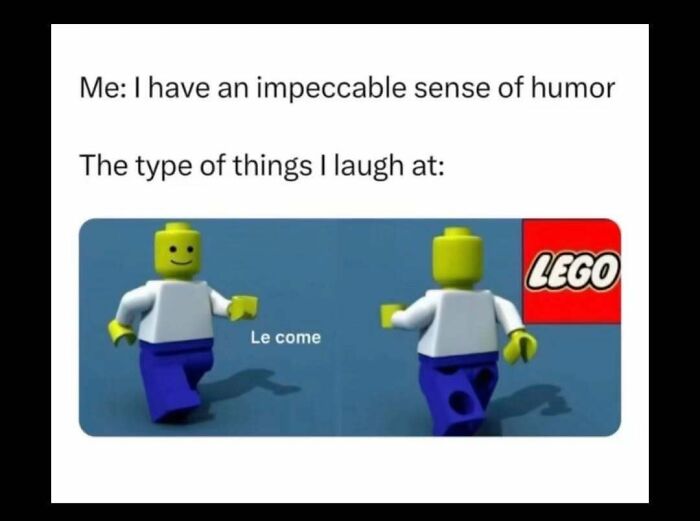 Meme account explaining a funny LEGO meme captioned with impeccable sense of humor and types of things laughed at.