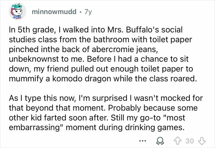 Text post describing an embarrassing moment in school that later became funny, highlighting awkward situations only funny way later.