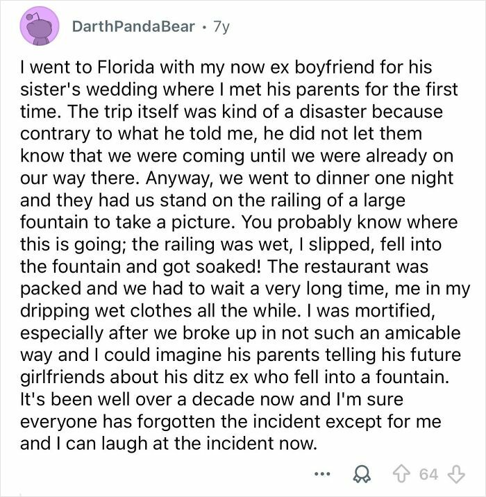 Text post about embarrassing situations that only became funny later, describing a fall into a fountain at a wedding event.