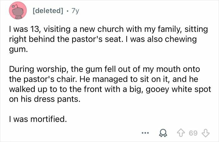 Text post describing an embarrassing situation involving gum falling onto a pastor's chair, becoming funny later.