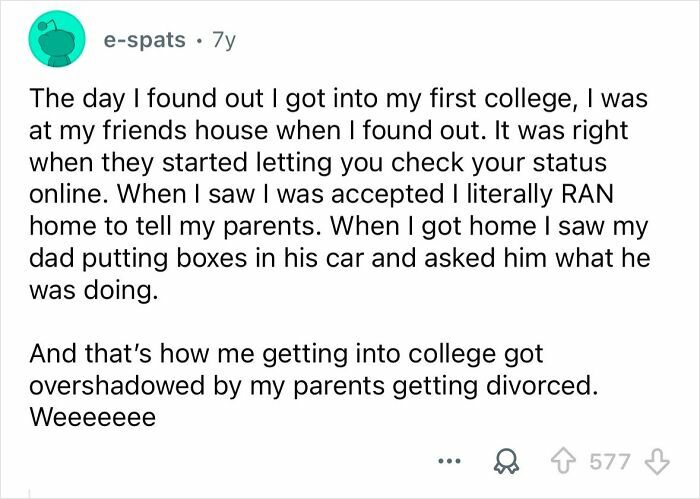 Reddit post describing an embarrassing situation that only became funny later involving college acceptance and parents.