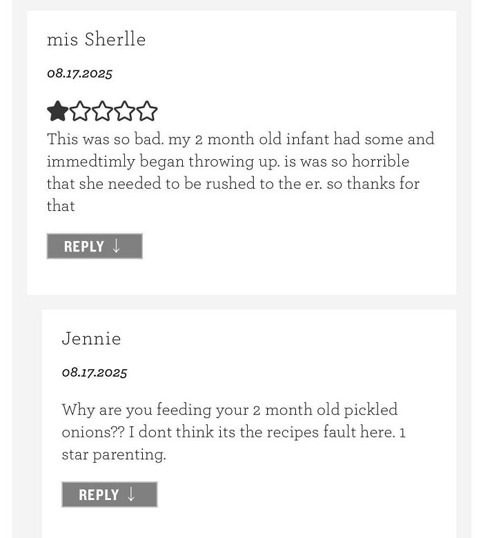 Screenshot of unhinged recipe reviews showing failed tries and harsh 1-star feedback shared by users online.