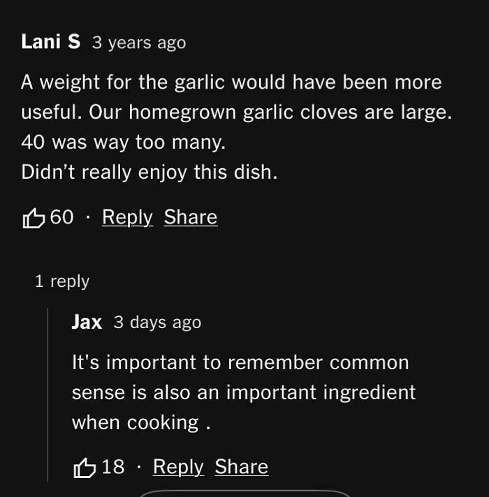 Screenshot of recipe review highlighting failed tries and unhinged reviews about cooking with too many garlic cloves.