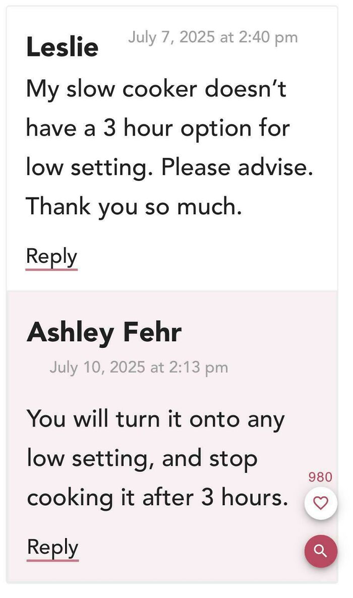 Comment exchange about slow cooker settings from a recipe review highlighting failed tries and cooking advice.