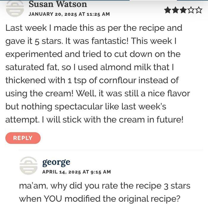 Screenshot of unhinged reviews showing failed tries at following a recipe with varying star ratings and user comments.