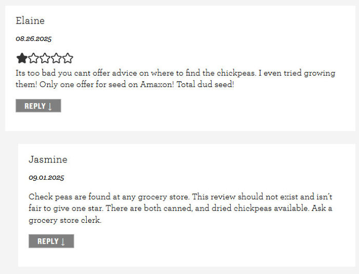 Screenshot of unhinged recipe reviews with complaints about finding chickpeas and low ratings from frustrated users.