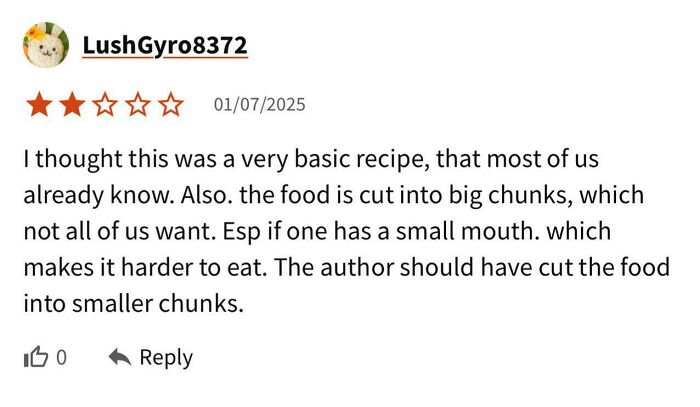 User review complaining about a basic recipe with food cut into big chunks making it harder to eat.