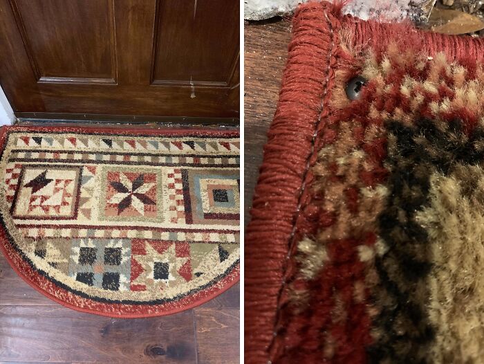Half-moon rug placed incorrectly in front of door with frayed edge close-up showing men being men humor.