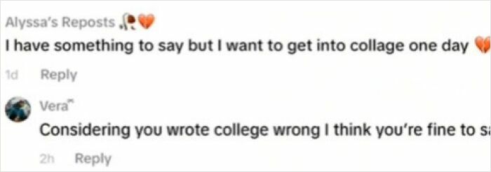 Screenshot of weird and funny TikTok comments featuring a typo correction about college in an unhinged thread.