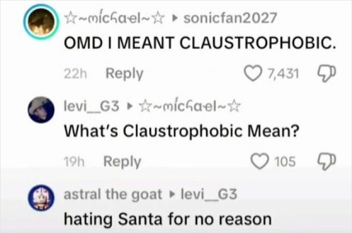 Screenshot of weird, funny, and totally unhinged TikTok comments about the meaning of claustrophobic.