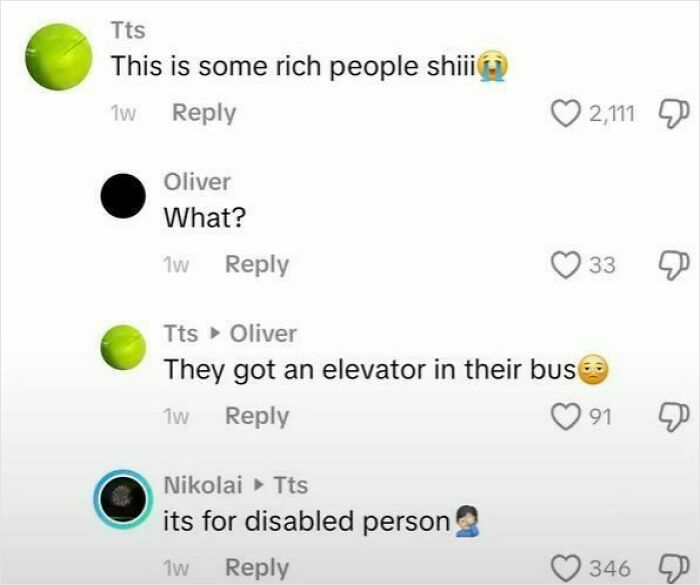 Funny and weird TikTok comments thread discussing a bus elevator with multiple users reacting and replying humorously.