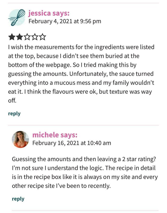 User reviews showing failed tries at following a recipe with complaints about measurements and texture in cooking attempts.