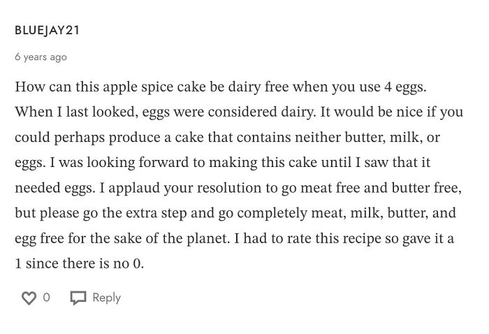 Screenshot of a failed recipe review questioning the use of eggs in a dairy-free apple spice cake.
