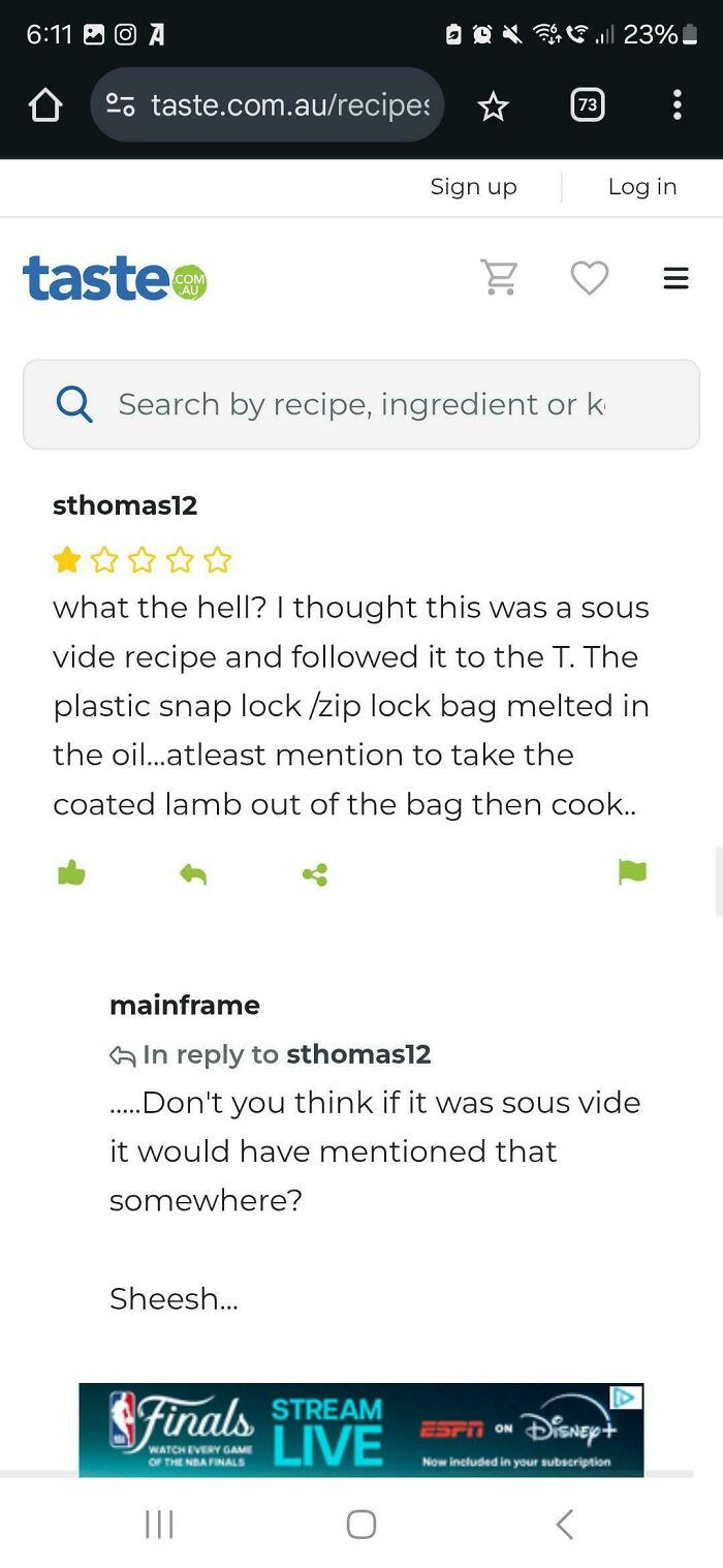 Screenshot of an unhinged recipe review complaining about failed sous vide lamb cooking attempts.