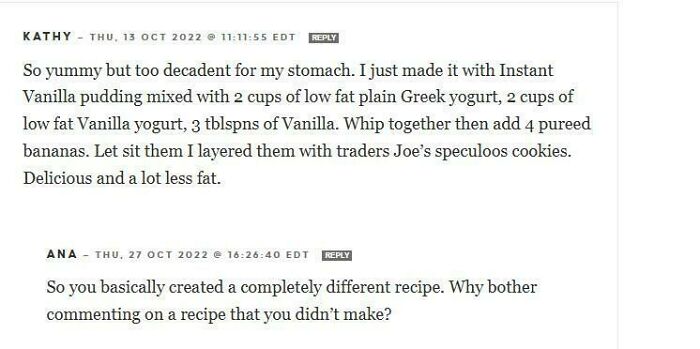Screenshot of unhinged recipe reviews showing failed tries and humorous user comments on altered dessert ingredients.